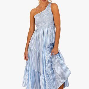 One Shoulder Sleeveless Smocked Ruffle Tiered Beach Maxi Sun Dress Stripe Blue S